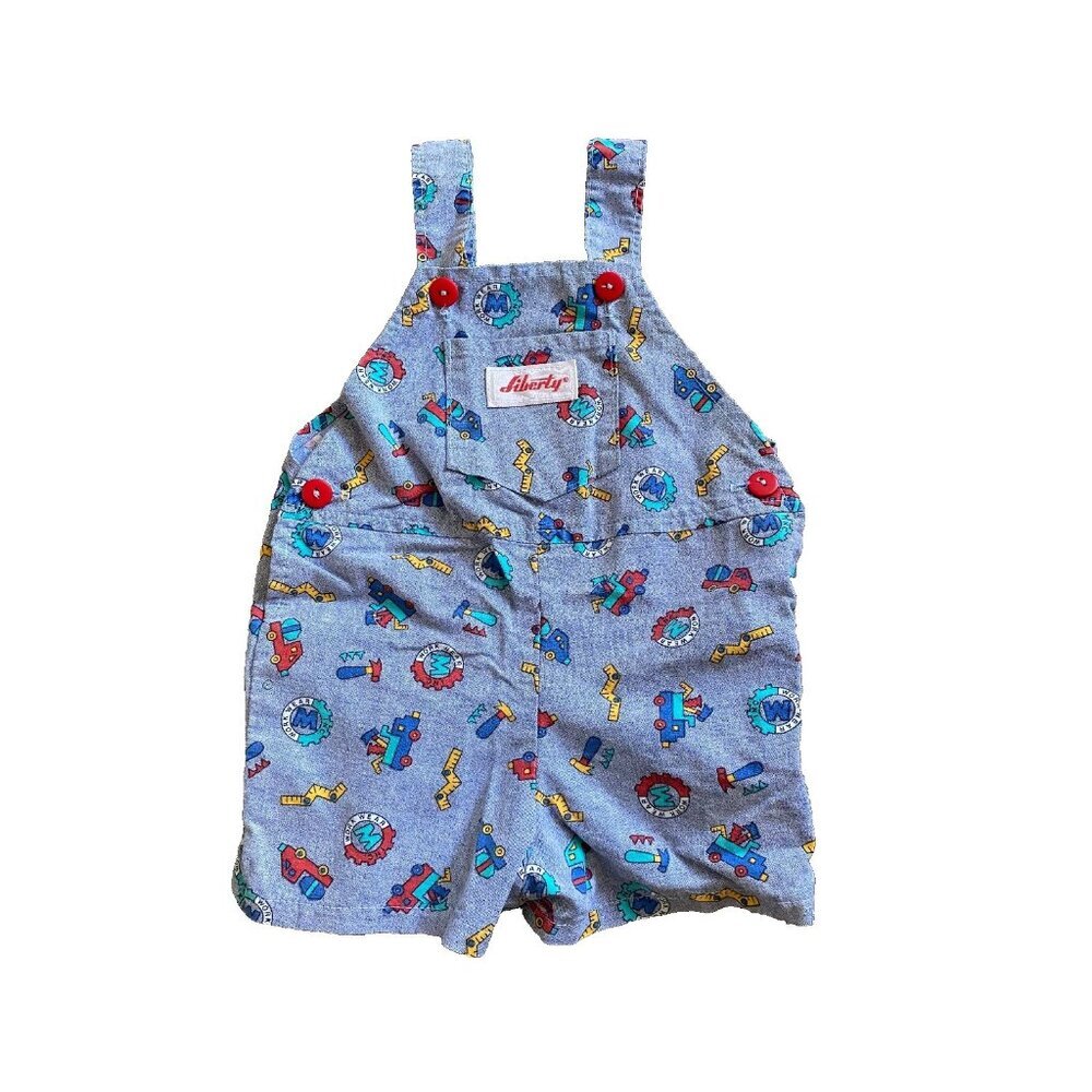 Rare Liberty Printed Overalls Shortalls Romper 9 Months Blue Construction Tools